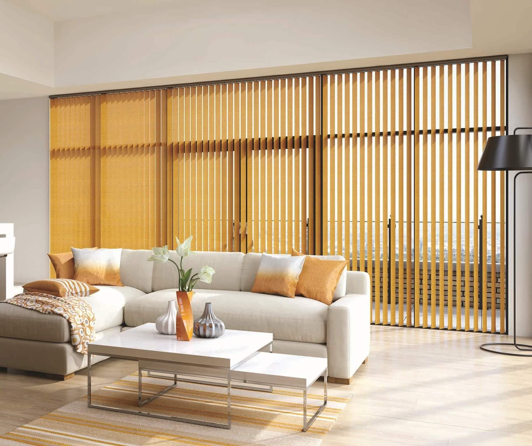 Modern living room with premium vertical blinds installed by Noor Windows & Blinds in Abbotsford